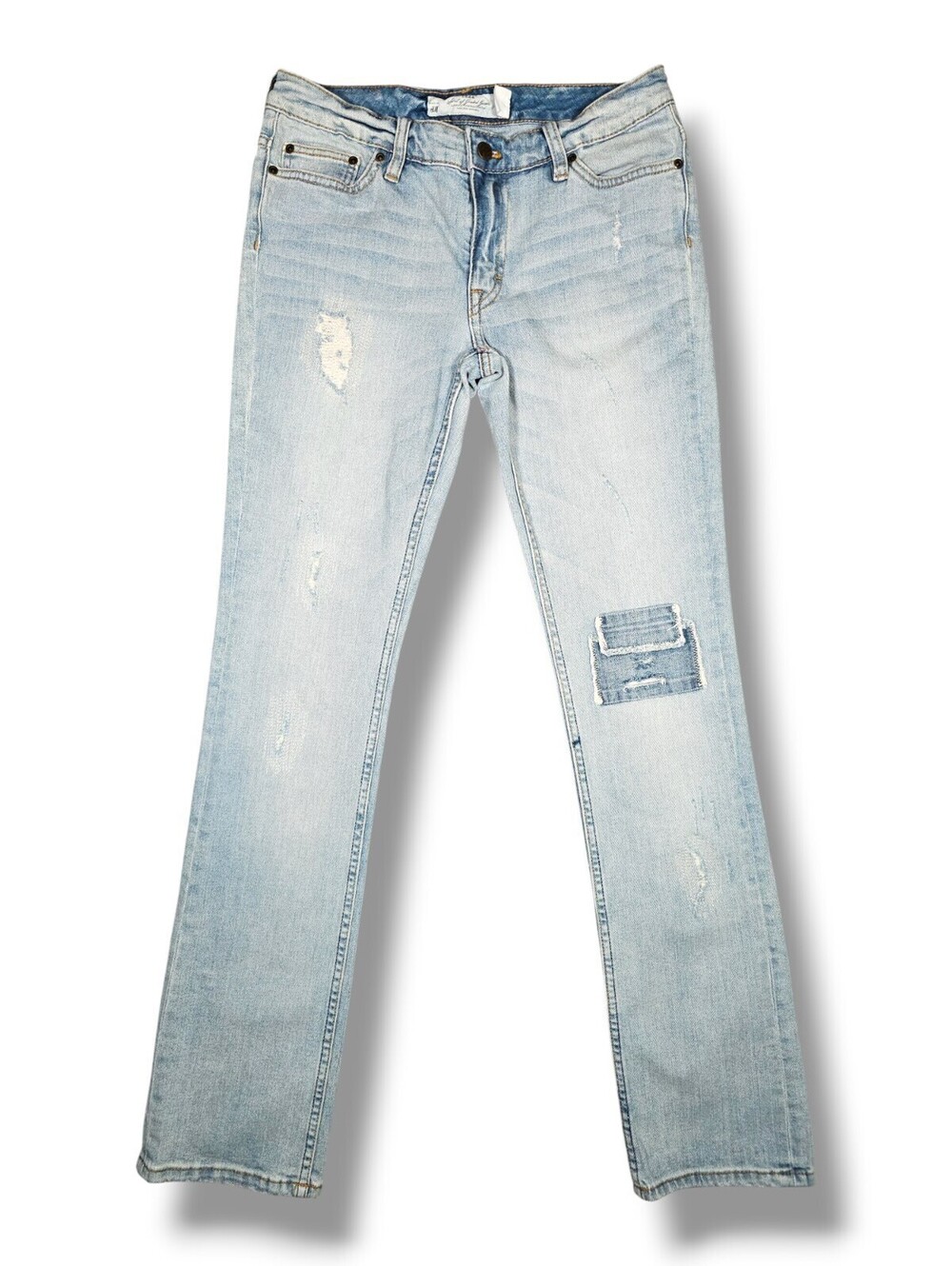 Light Blue Distressed Patchwork Denim Jeans Slim Fit Y2K Grunge Emo Scene 30x33